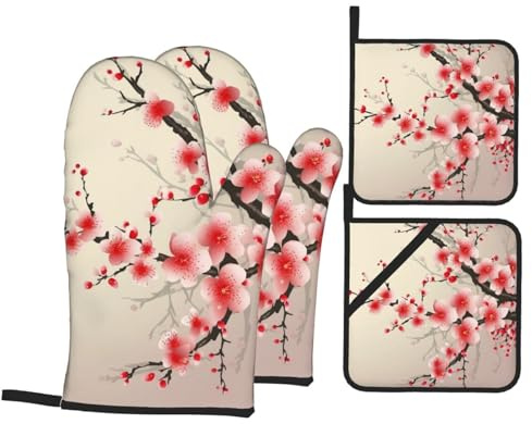 4Pcs Oven Mitts and Pot Holders Imprimé Cerisier Japonais Oven Gloves Soft Coton Doublure Baking Mittens, pour Griller, Cuisiner, Cuisson