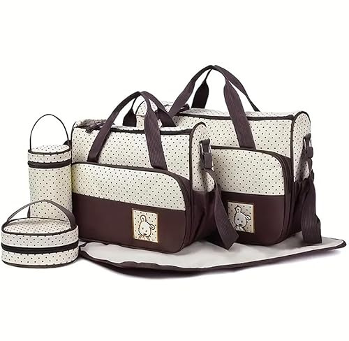 5-Piece Baby Changing Bag Set – Large Capacity Nappy Diaper Mummy Bags with Changing Mat & Bottle Holder – Waterproof Shoulder Tote for Travel (Brown)