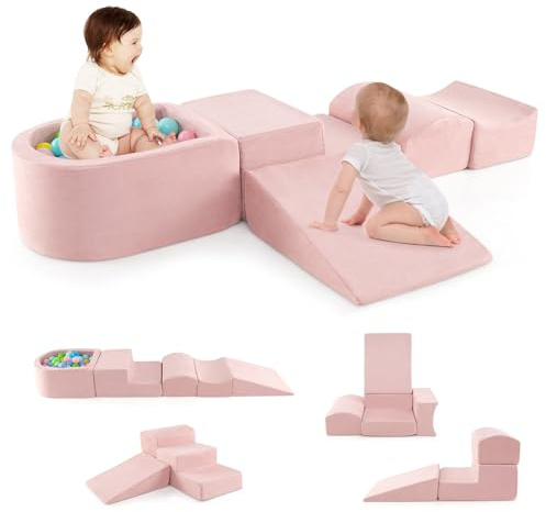 GOPLUS Schaumstoffbausteine mit Bällebad, 5-teiliges Softbausteine mit Wildlederbezug, Hochdichtes Schaumstoff, Weiche Riesenbausteine für Kleinkinder zum Klettern, Ohne Bällebad (Rosa)