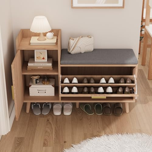LIVLUX Banc d'entrée Moderne de Rangement, Banc à Chaussures avec tiroir Flip et 1 Porte, adapté à l'entrée, au Couloir, au Salon ou au Porche. (Naturel, 100 x 30 x 69,5 cm.)