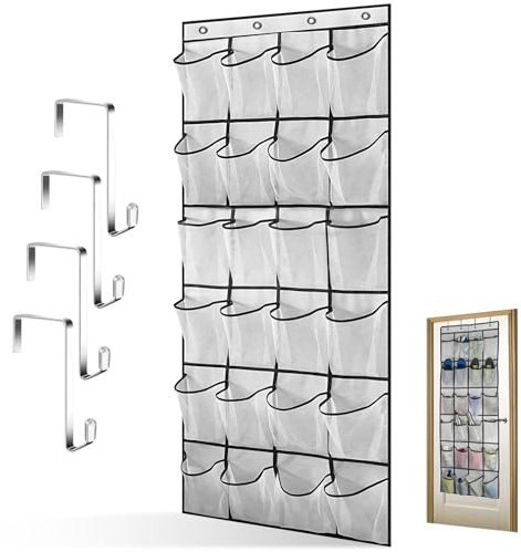 Porta Scarpe da Appendere con 24 Tasche in Rete e 4 Ganci, Organizer Pieghevole da Appendere, Scarpiera a Sospensione Salvaspazio, Porta Scarpe Sospese per Camera da Letto, Soggiorno, Bagno (Bianco)