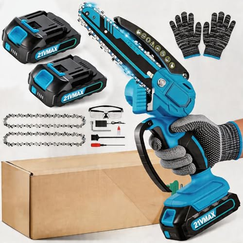 Mini Chainsaw Cordless with Foldable Pole Saw,6 Inch Electric Chain Saw with 2 Batteries & 2 Chains,Telescopic Motor Head 180° Swiveling Tree Saw for Tree Trimming,Garden,Wood Cutting (Yellow)