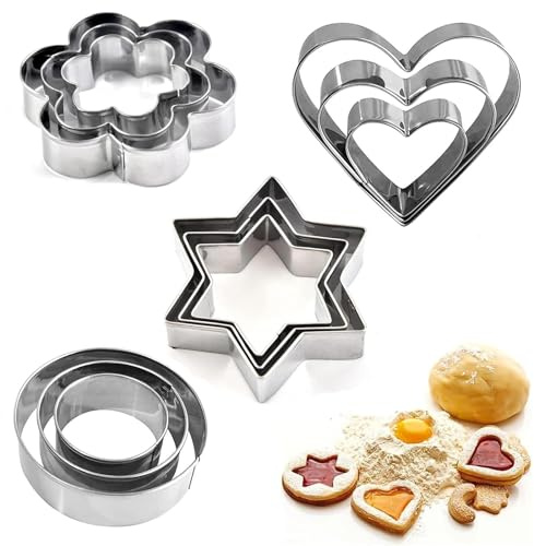 dinghaole 12 Pièces Moule à Biscuits en Métal, Géométriques en Acier Inoxydable Emporte Piece en Forme de Etoile, Coeur, de Fleur Ronde pour Biscuits Pâtisserie Fondant Sandwich Décoration de Gâteau