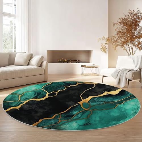 Teppich Rund Outdoor Fluid Art Blau-Grün und Gold Marmor 180 cm | Waschbar, Rutschfest, Kurzflor, Für Wohnzimmer Schlafzimmer Esszimmer Büro