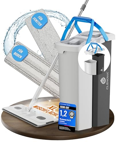 CLENOVA® XL Wischmopp Set mit Eimer, 2-Kammer-System [Trennbarer Putzeimer], Flacher Bodenwischer, 140–170 cm Teleskopstiel, 2 Mikrofaserpads für Boden und Fenster