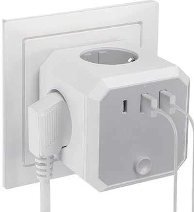 Multiprise Cube Murale 7 en 1, 4 Prises AC (4000W/16A) et 3 Ports USB (1 USB-C + 2 USB-A), Adaptateur de Prise sans Câble Idéal pour Bureau, Cuisine et Voyage - Blanc