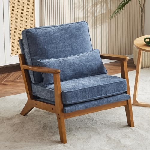 Bonnlo Armchair, Solid Wood Accent Chair with Wide Armrests, Sea Blue