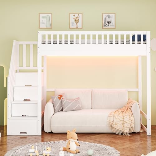 Kebnor Hochbett mit Sicherheitsleiter, Sicherheitsgeländer, Bettrahmen aus massivem Kiefernholz, LED-Lichtleiste, austauschbaren Sicherheitsleitern auf beiden Seiten, Kinderbett(Weiß 90 x 200cm)