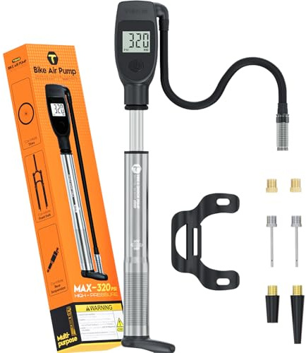 Tiakia Dämpferpumpe Fahrrad Digital 320PSI für Luftdämpfer Federgabel | Dämpferpumpe, Aluminiumlegierung, 320PSI, Fahrradpumpe für Reifen sowie Luftdämpfer und Federgabel, Presta & Schrader
