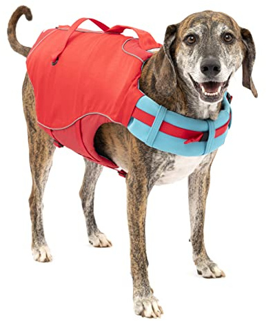 Kurgo Surf N Turf Hundeschwimmweste - Auftriebshilfe für Hunde - Neopren gefütterte Hundeweste - Reflektierendes Ripstop Material - Sicherer Sitz - Alte Verpackung - Rot/Blau - XL
