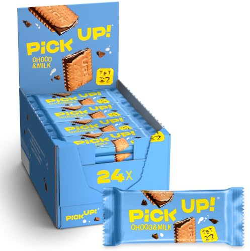 PiCK UP! Choco&Milk (24 x 28 g), Keksriegel mit knackiger Milchschokolade und Milchcreme zwischen zwei Keksen, der Snack für unterwegs, Thekenaufsteller mit 24 Stück