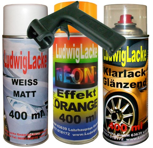 LudwigLacke Neon Lack Spray Set Orange 3 Spraydosen a 400ml + Spraydosen Handgriff