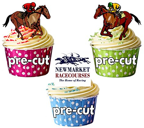 AK Giftshop PRE-CUT Horse Racing Newmarket Mix - Edible Cupcake Toppers/Cake Decorations (Pack of 12)