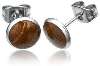 CHICNET Damen Herren Ohrstecker aus Edelstahl mit Stein Holz Muschel in Silber 8mm rund Ohr Schmuck Scheibe Chirurgenstahl Holz braun