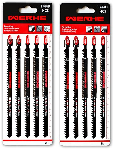 WERHE Stichsägeblätter T744D 10tlg 180mm | HCS Sägeblätter, für Kurvenschnitte, geeignet für Holz, Kunststoff, Laminat, Sperrholz, für Stichsägen mit T-Schaft