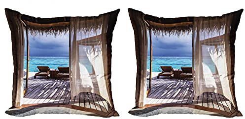 Lunarable Coastal Throw Pillow Cushion Cover Pack of 2, Romantic Wooden Bungalow on The Water Deckchairs Maldives Beach Summer Relax, Zippered Double-Side Digital Print Decor, 18, Brown Aqua Blue