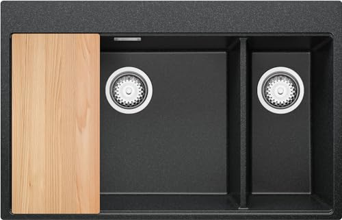 PRIMAGRAN Lavello da Cucina Grafite 78x50cm, Lavandino in Granito a 2 vasche + Sifone Classico + Tagliere, Lavabo Incasso al mobile 80cm - Oslo Duo S036