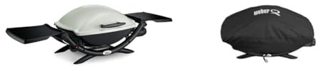 Weber 53060079 Gasgrill Q 2000, Titan, Zündung per Knopfdruck, Abklappbare Seitentische, Balkon Grill + Abdeckhaube für Q200/Q220/Q240 Serie, schwarz