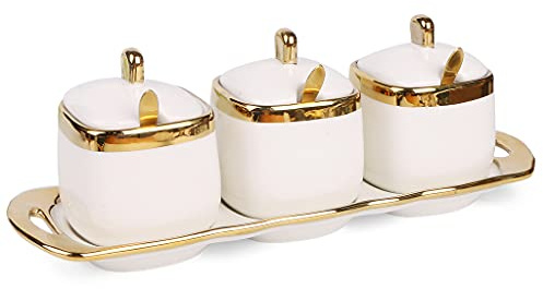 Fvstar Sugar Bowl with Lid and Spoon, Ceramic Spice Containers for Countertop, Salt and Coffee Sugar Container Set, White Seasoning Bowls, Gold Condiment Containers for Kitchen Coffee Bar