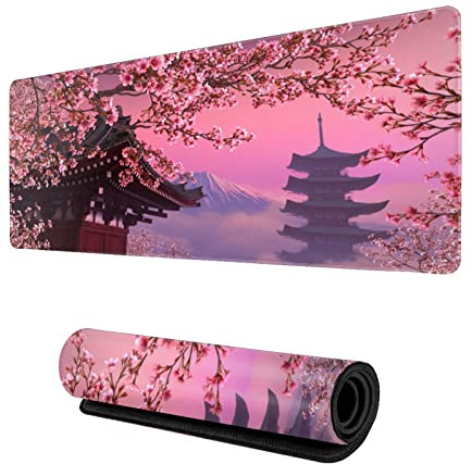 Tapis de souris japonais Sakura - Motif fleurs de cerisier - Tapis de souris de jeu paysage - XL - Grand tapis de souris long et étendu - Bords cousus - Base en caoutchouc