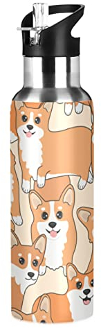 Corgi Hund Wasserflasche Trinkflasche mit Strohhalmdeckel Auslaufsicher Isoliert Edelstahl Thermosflasche für Jungen Mädchen Gym Sport 600ml
