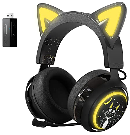 SOMiC Wireless Gaming Headset, Bluetooth Headset for Smartphone, Retractable Mic, 7.1 Surround Sound, 50mm Drivers, RGB Lighting, Cute Cat Ear Headphones for Girls Black