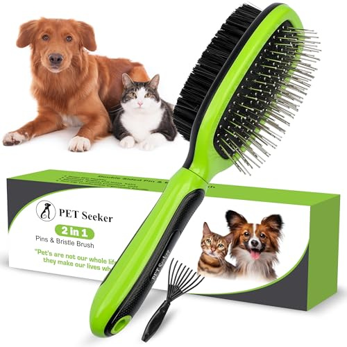 Pet Seeker Double Sided Dog Brush - Anti Slip Handle & Free Cleaning Tool