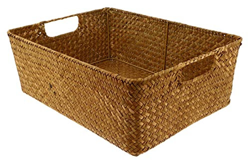 DOITOOL Woven Wicker Basket Bins Rattan Fruit Basket Woven Bread Vegetable Baskets Onion Garlic Container Egg Baskets Wicker Pantry Storage Baskets with Handle for Kitchen Size L Woven Storage Bins
