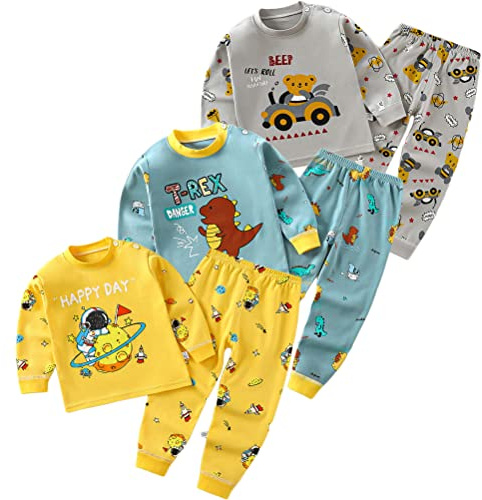 XM-Amigo Pyjamas för pojkar, 3-delat set med dinosaurie, robot, lejon, traktor, tryckt barnpyjamas, långärmad topp, bomull, sovkläder, skjortor och byxor, underdelar, nattkläder, outfit för barn, 3