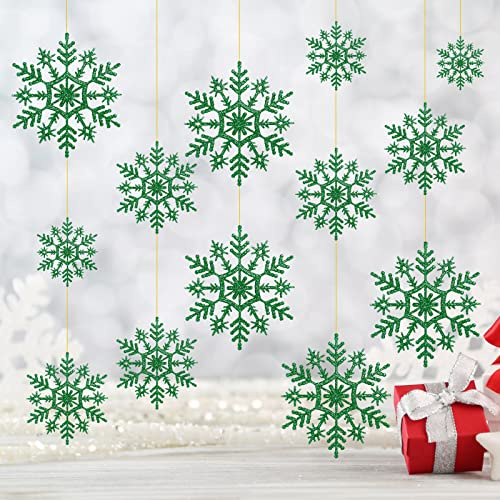 24 Stück Schneeflocken Weihnachtsdeko, Glitzer Schneeflocken Anhänger Hänge Ornamente für Weihnachtsbaum und Weihnachtsbaumschmuck (Grün)