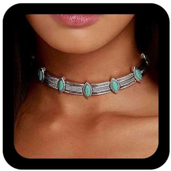 Allereya Vintage Türkis Choker Halskette - Blauer Stein, Silber Kurze Kette, Punk Klobig Kragen Schmuck für Frauen und Mädchen
