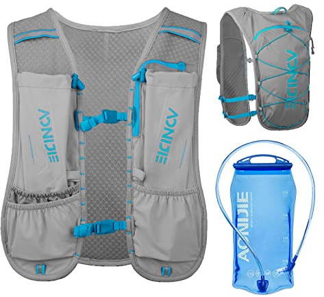 AONIJIE Wasserdichte und atmungsaktive Laufweste für Damen und Herren, 120 g, leichte Trinkweste, Rucksack, passend für 17,3 cm Handys, zum Wandern, Radfahren, Rennen, Marathon, Grau mit 1,5 l Blase