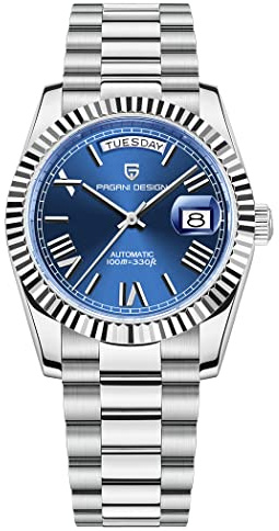 Pagani Design Herrenuhren, 36mm automatische mechanische Edelstahl 100M wasserdichte Luxus-Armbanduhr für Männer, doppelte Datumsanzeige Saphirglas Zifferblatt