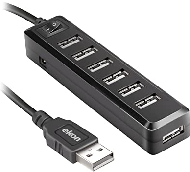 Ekon HUB multiporta, 7 porte USB-A, cavo USB-A, con interruttore, per PC, laptop, mouse, cavi di ricarica, tastiere, chiavette USB