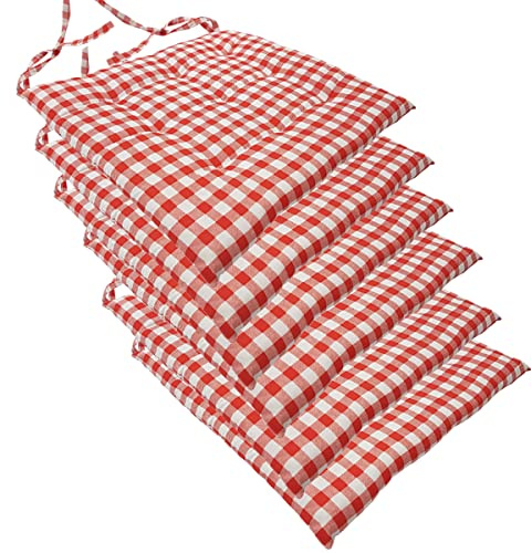 NYVI Stuhlkissen 40x40 cm ComfySeat Rot Weiß kariert 6er Set - Sitzkissen mit Bändern/Schleife, 9-fache Steppung - Indoor & Outdoor - Gartenstuhlkissen aus Baumwoll-Mischgewebe - ÖkoTex 100