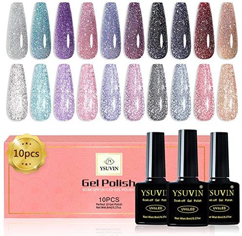 Yueshop 10 Pcs Reflective Glitter Gel Nail Polish Set - Shiny Glitter Silver Pink Purple Blue Sparkling Diamond Gel Nail Polish, Soak Off UV Gel Nail Art Manicure Varnish Kit Beauty (10PCS, 8ml)