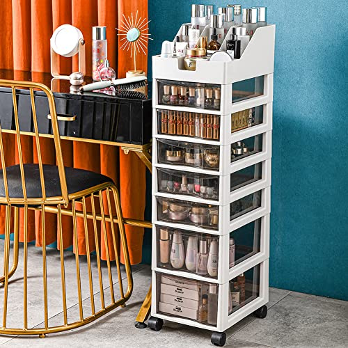 BAKAJI Cassettiera Salvaspazio con Cassetti Ripiani Portaoggetti Trasparente, Carrello in Polipropilene con 4 Ruote e Struttura Robusta Bianca, Organizer Multiuso, Grande Capacità (7 Cassetti)