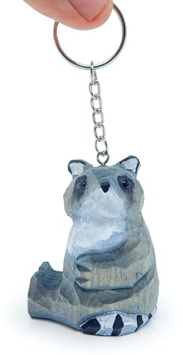 Selsela Raccoon Keychain – Handmade Wooden Miniature Animal Charm, Hand-Carved Wildlife Key Ring, Cute Nature-Inspired Purse & Bag Accessory, Unique Small Raccoon Figurine Clip-On Gift