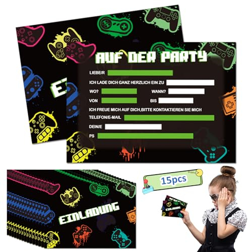NHYDZSZ 15 Stück A6 Einladungskarten Kindergeburtstag,Junge Einladungskarte zum Party Spiel Geburtstag Einladung Karte Einschulung Party für Junge Jugendliche Mädchen,Einladung für Spiel Themen