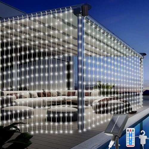 Acxilexy Solar Lichtervorhang Aussen, 3M × 3M 300 LEDs Solar lichterkette, 8 Modi Solar Lichterkette Vorhang, Fernbedienung, Wasserdicht Solar Lichterketten für Weihnachten Hochzeit Party Deko