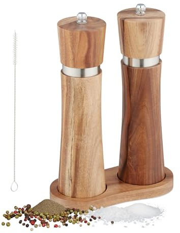 Relaxdays Macina Sale e Pepe, Set da 2 Tritaspezie, Macinino in Ceramica, Legno di Acacia e Acciaio, Marrone Argentato