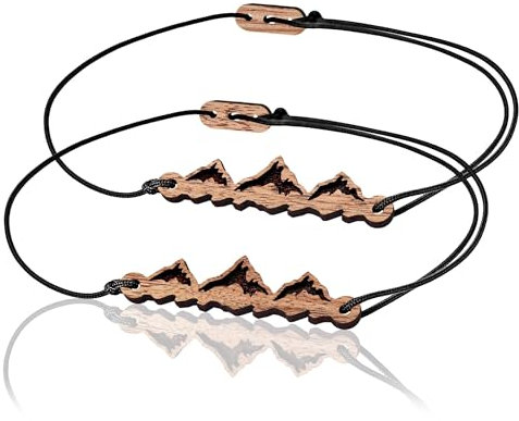 SKONIDA Design Pärchen Armband für 2 - Holz Partner-Armband dünn mit Gravur Berge für Sie & Ihn - hochwertiges Freundschaftsarmband verstellbar - Holzarmband mit Berg-Motiv in edler Geschenk-Box
