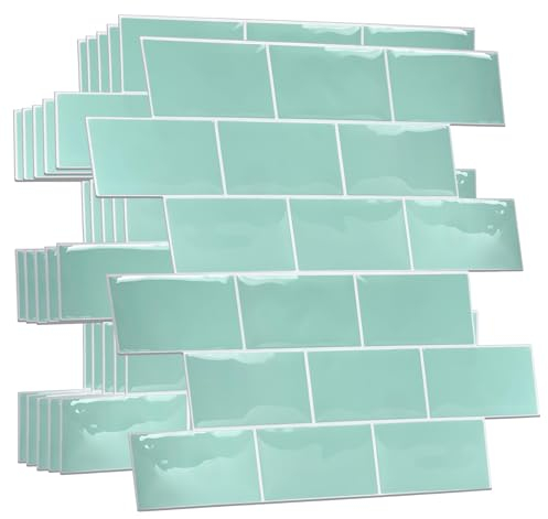 WALPLUS 3D Tile Stickers Peel and Stick Backsplash Splashback Decals Tile Transfer for Kitchen Bathroom Living Room Stick on Tile Waterproof Capri Sea Metro Subway 60 Sheets 15.4x30.5cm Green