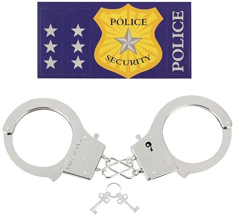 KarneLux Kinder Polizei Handschellen aus Metall - Polizei Ausrüstung Kostümzubehör inkl. Sticker Aufkleber - Spaß für Fasching, Karneval und Mottopartys - 22 cm