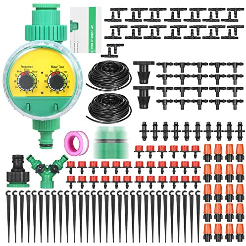 HUIOP kit d Kit d'arrosage Goutte à Goutte pour Plantes, système d'arrosage DIY avec minuterie d'irrigation Automatique électronique, Buses brumisateurs goutteurs, Tube de 30 mètres pour Jardin, p