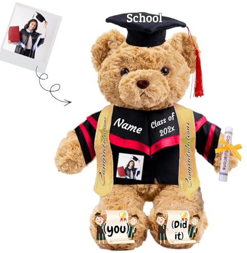 JABECODIFA Regalo Laurea per lei Orsacchiotto Personalizzato con Testo Foto, Orsetto di Peluche con Cappello come Regali Personalizzati lui Regalo Laurea per lei (26cm)