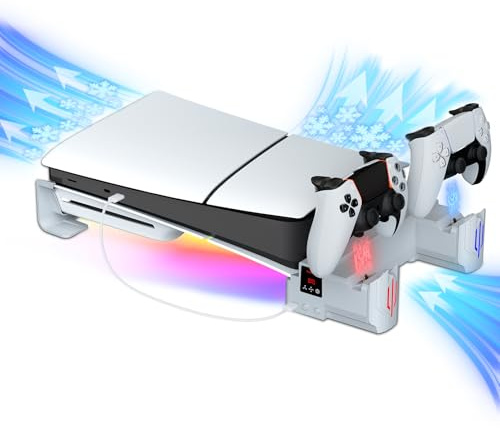 Hosanwell PS5 Support Horizontal Fin avec Chargeur Double contrôleur pour Playstation5 Slim, lumières RVB et Support de Ventilateur de Refroidissement, Blanc