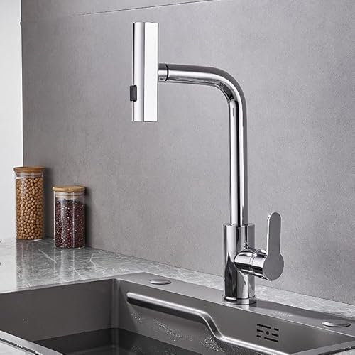 ZYCDP Wasserhahn Küche Wasserfall Spülenarmatur Küche Ausziehbar, Einhebel Küchenarmatur mit 360° Messing Wasserhahn Küche Warm und Kalt Chrom