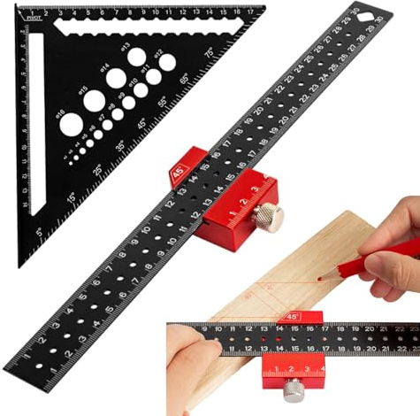 Rafter Square and Slide Ruler Set, 7 Inch Metric Triangle Scale Ruler Speed Square & 12Inch 45 90 Degrees Combination Ruler Tool Multifunctional Carpentry Layout Measuring Woodworking Tool