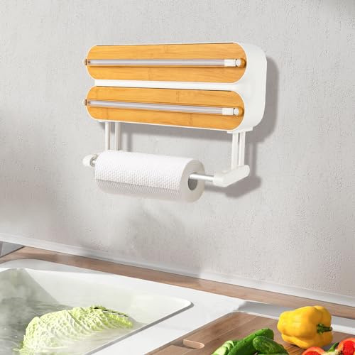 3 in 1 Wandrollenhalter Küche – Küchenrollenhalter Schneidabroller für Alufolie und Küchenrolle – Wandmontierbares Küchenregal mit scharfen Klingen für Küche und Restaurant (Bambus Holz Farbe)